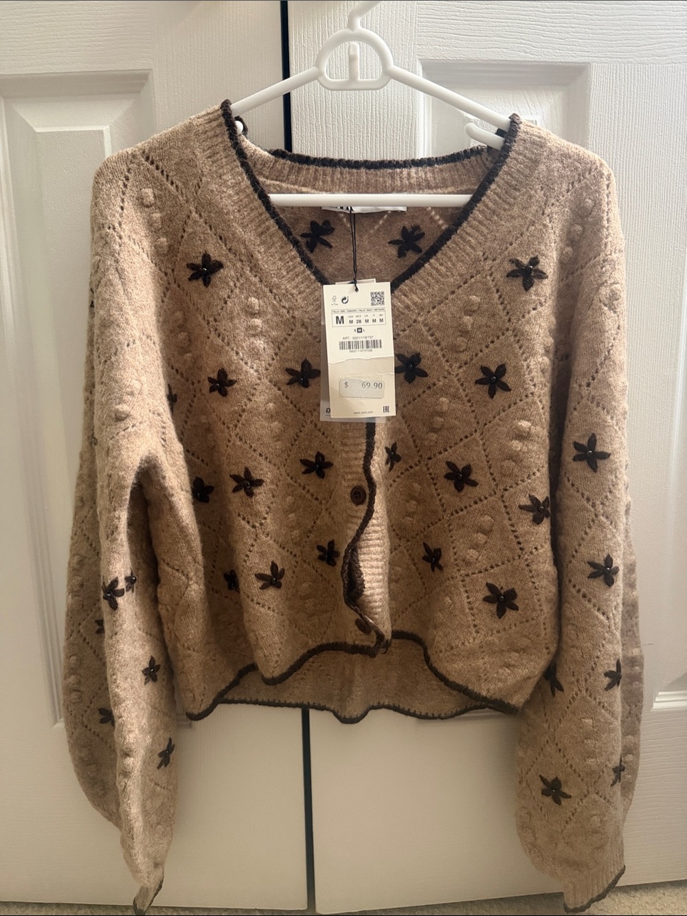 Zara Womens Brown Embroidered V‑Neck Cardigan Sweater